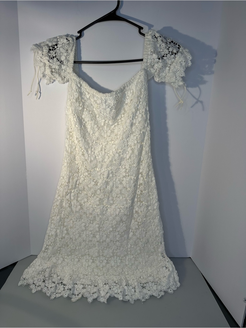 White Crochet cotton Lace Mini Dress with off shoulder Puff Sleeves